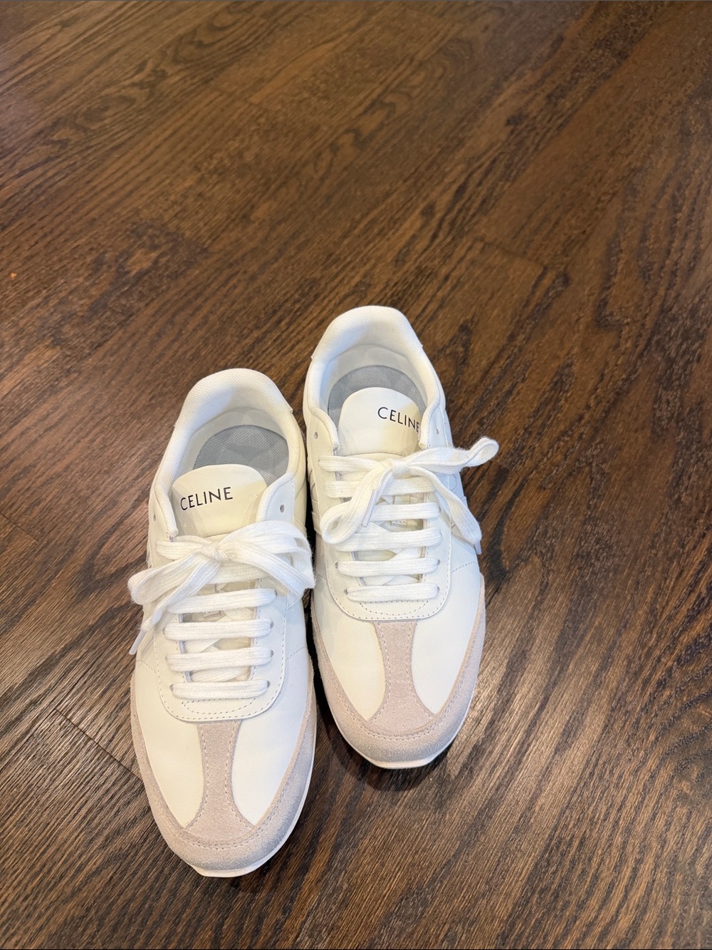 Celine White Sneakers with Pale Suede Accents - size 38
